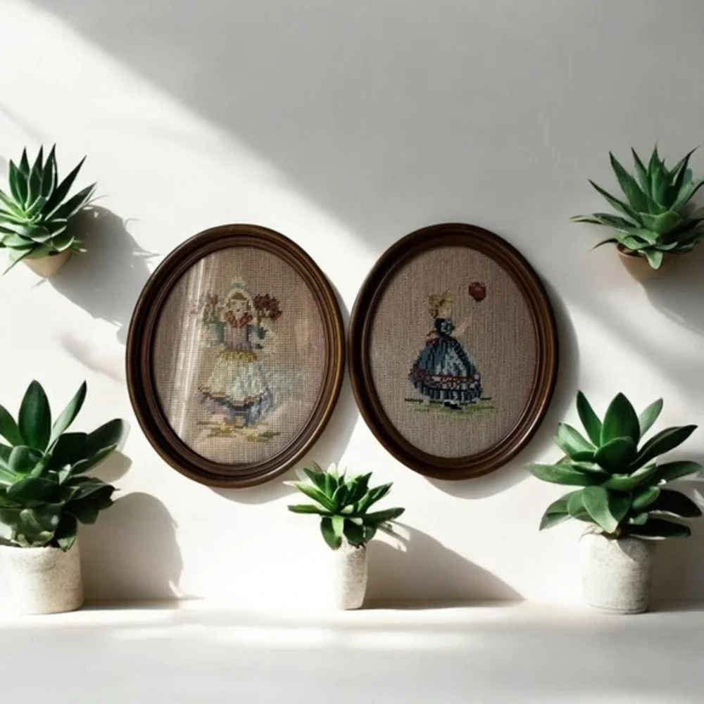 Vintage needle point Wall Art Set of 2 Victorian ladies with flowers